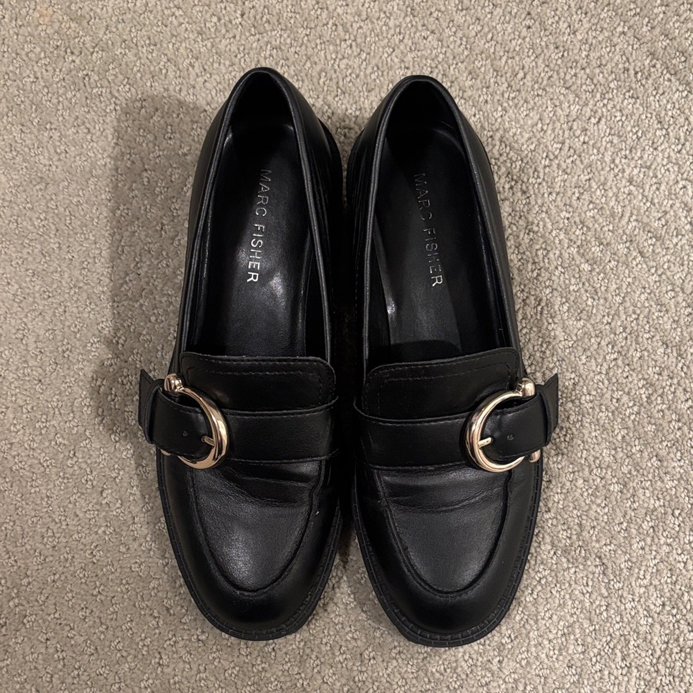 Marc Fisher Black Leather Loafers with Gold Buckle Accent
